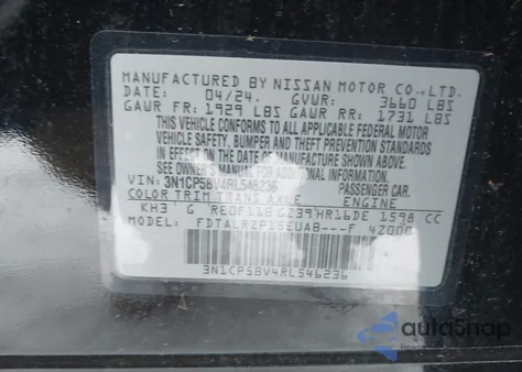 2024 Nissan Kicks S Xtronic Cvt z USA, uszkodzony, nr VIN 3N1CP5BV4RL546236